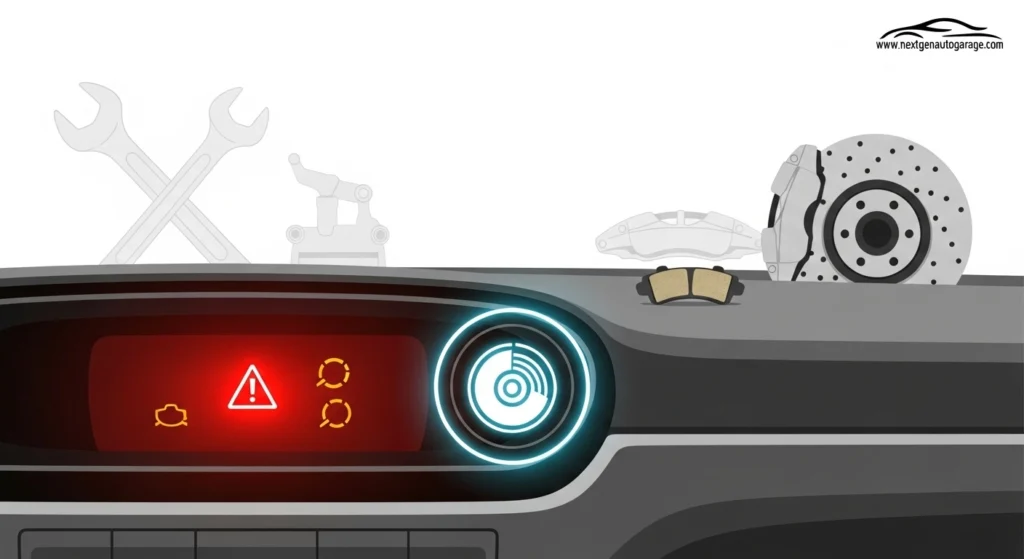 Brake warning light illuminated on a car dashboard