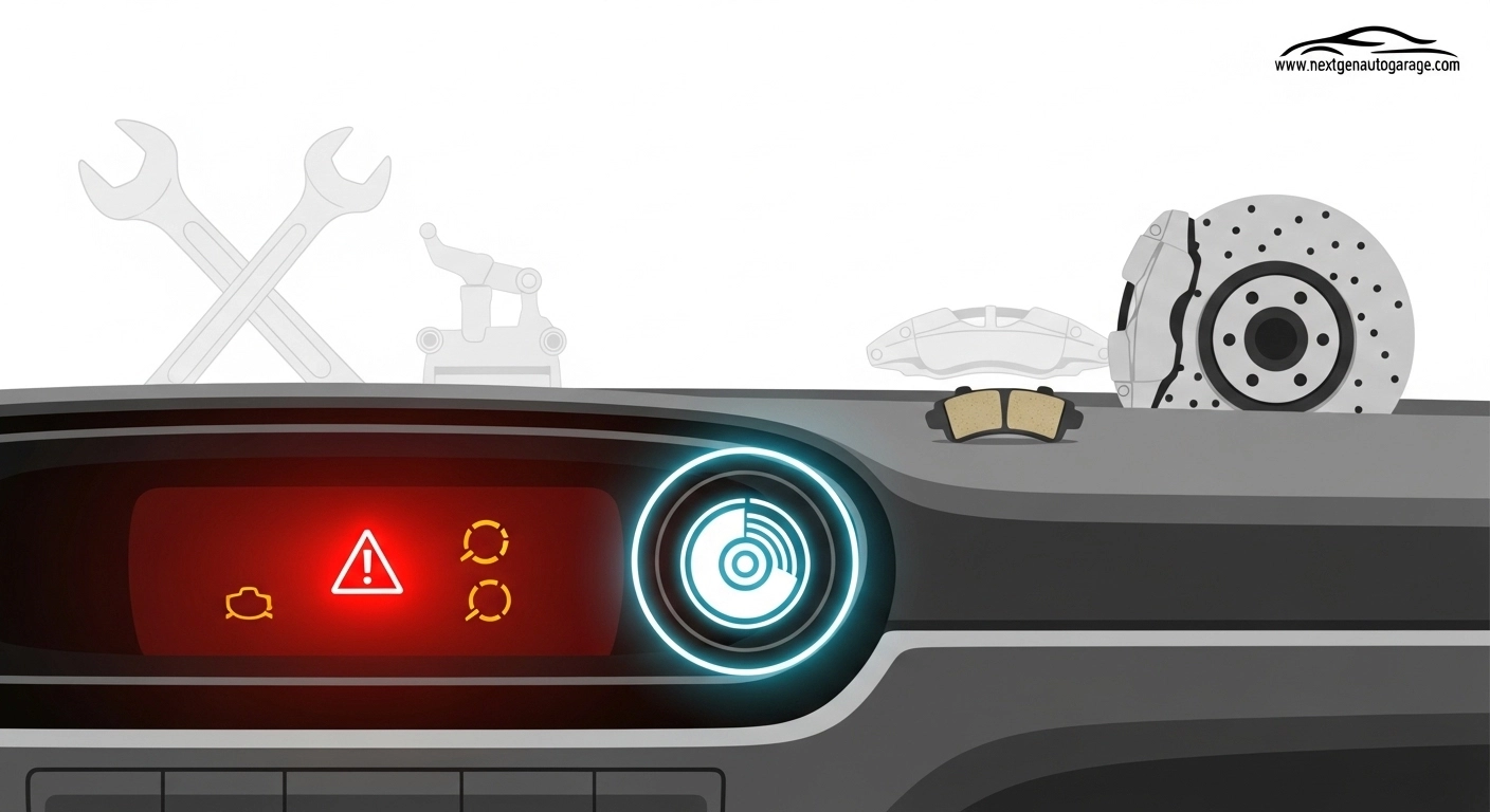 Brake warning light illuminated on a car dashboard