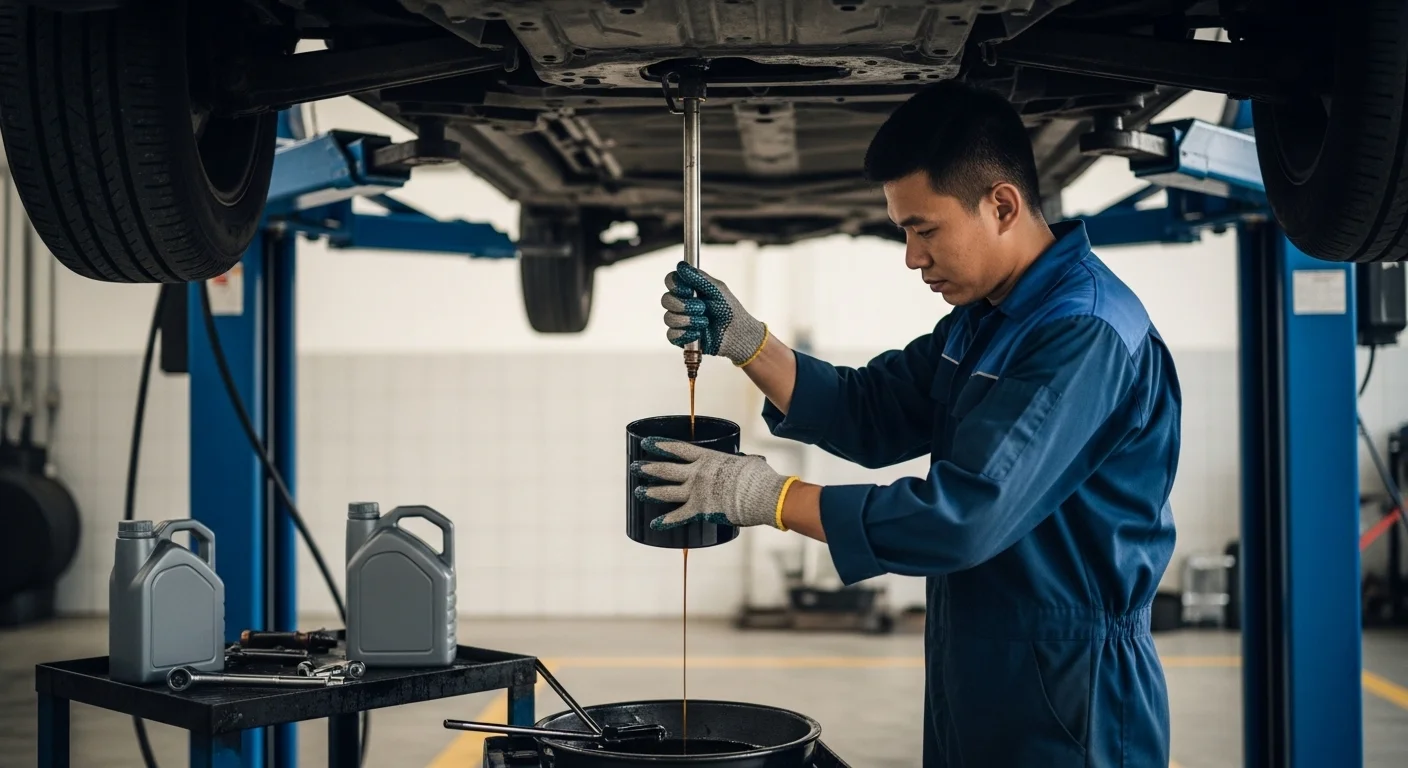 Car oil change service Dubai technician replacing engine oil in modern workshop